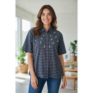 CST Sport Women's Plaid Short Sleeve Button Down Shirt‎ Floral Embroidery 1X